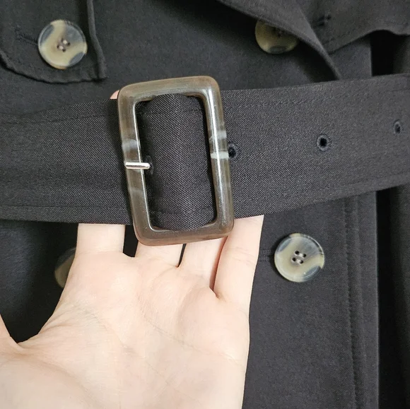 Resexxy Gyaru Black Trench Coat Pleated Lace Panel Sides Tortoise Shell Buttons - Picture 6 of 14